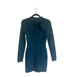 Bebe Women's Bandage Bodycon Dress Medium Long Sleeve Cutout Mini Teal Blue